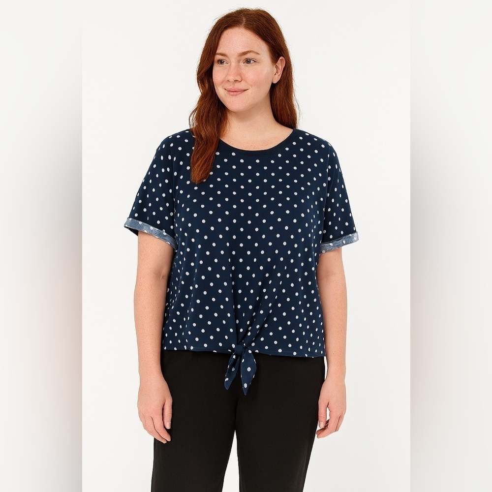 Elodie Blue White Cuffed Sleeve Tie Front Tee